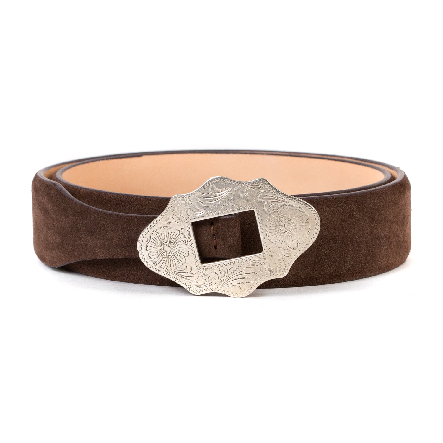 Silver Ostrich x MJ: Western Belt "New Mexico" made of Dark Brown Suede with Sterling Buckle - handmade